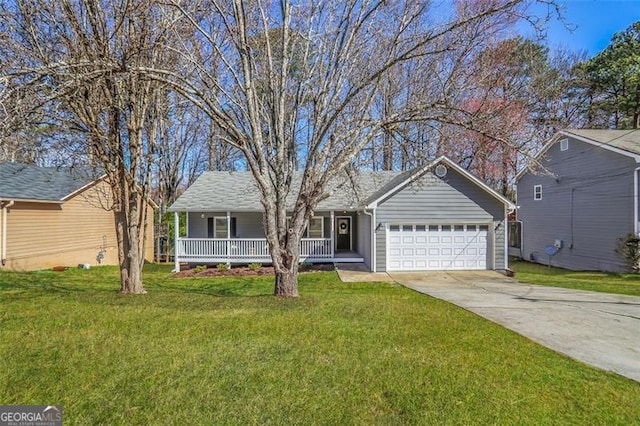 single story home with covered porch, an attached garage, driveway, and a front lawn