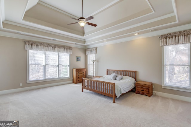 5016 Deer Creek Ct, Flowery Branch, GA 30542 - carpeted bedroom featuring a raised ceiling, crown molding, and a ceiling fan