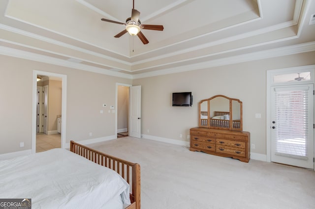 bedroom featuring light colored carpet, baseboards, access to outside, ornamental molding, and a tray ceiling