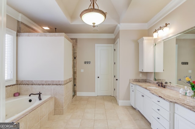 bathroom with a garden tub, ornamental molding, a tile shower, vanity, and tile patterned floors