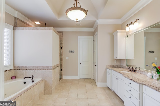 5016 Deer Creek Ct, Flowery Branch, GA 30542 - bathroom with crown molding, walk in shower, tile patterned flooring, vanity, and a bath