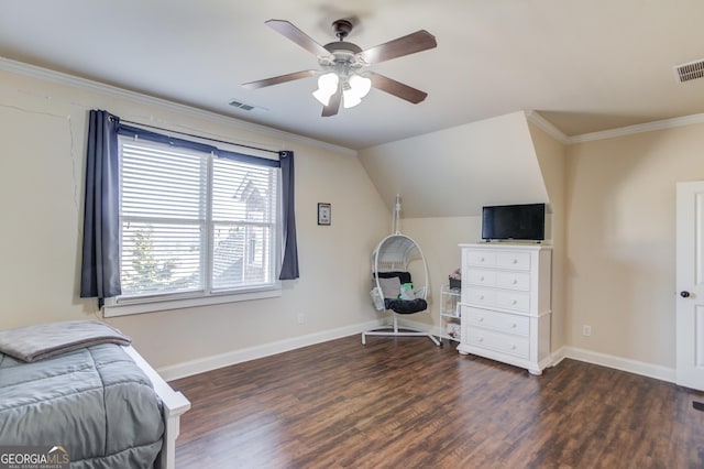 bedroom featuring baseboards, crown molding, visible vents, and wood finished floors