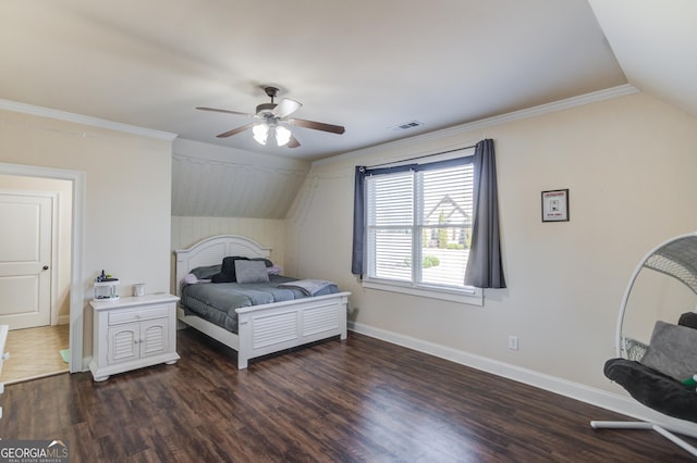 bedroom featuring baseboards, visible vents, a ceiling fan, lofted ceiling, and wood finished floors