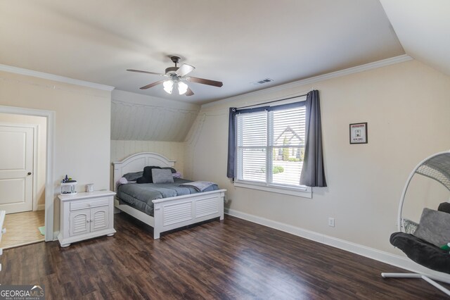 5016 Deer Creek Ct, Flowery Branch, GA 30542 - bedroom with vaulted ceiling, wood finished floors, a ceiling fan, and crown molding