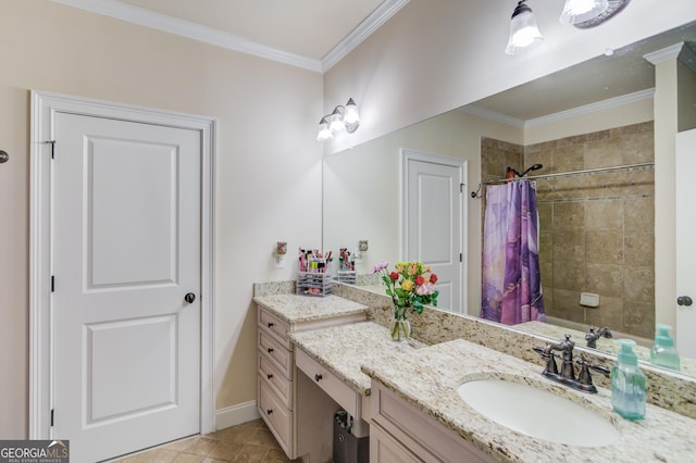 bathroom featuring baseboards, tile patterned flooring, vanity, and crown molding