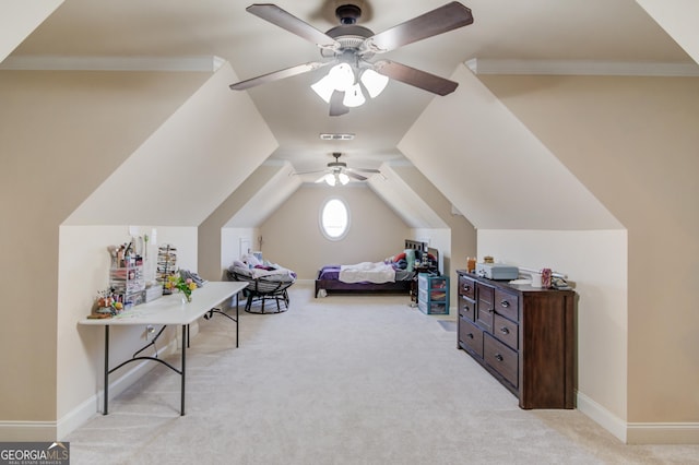 5016 Deer Creek Ct, Flowery Branch, GA 30542 - bedroom with ceiling fan, visible vents, vaulted ceiling, baseboards, and light carpet