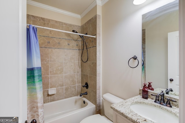 full bathroom with shower / bath combo, crown molding, vanity, and toilet