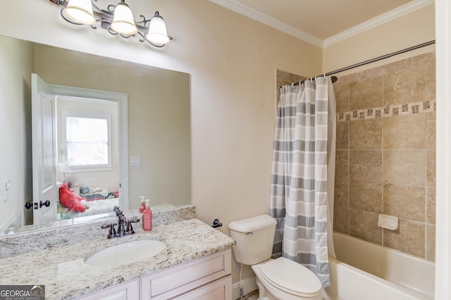 bathroom featuring ornamental molding, shower / bath combination with curtain, vanity, and toilet