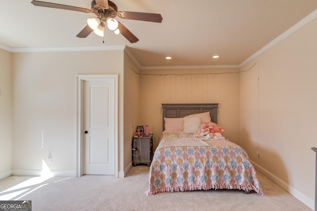 carpeted bedroom featuring ornamental molding, recessed lighting, ceiling fan, and baseboards