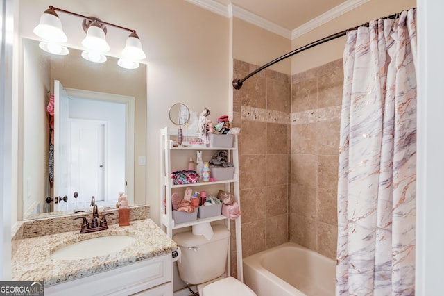 bathroom featuring toilet, shower / bath combo, ornamental molding, and vanity