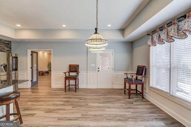 5016 Deer Creek Ct, Flowery Branch, GA 30542 - entrance foyer with healthy amount of natural light, light wood-style floors, wainscoting, a chandelier, and recessed lighting