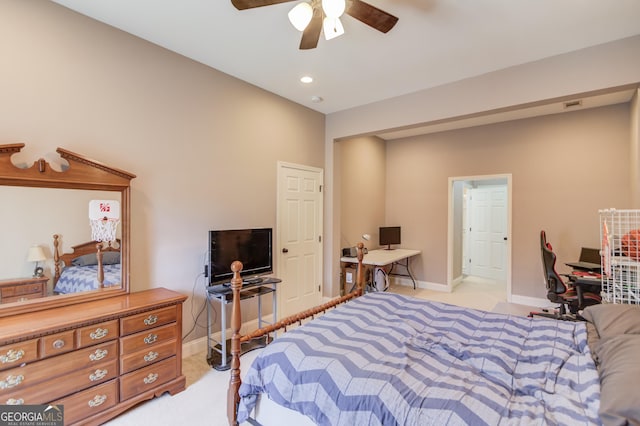 bedroom with light carpet, baseboards, a ceiling fan, and recessed lighting