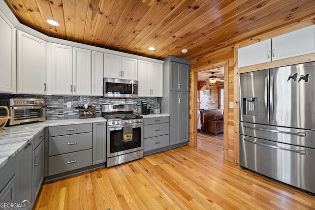 kitchen with light wood finished floors, white cabinetry, appliances with stainless steel finishes, and gray cabinetry