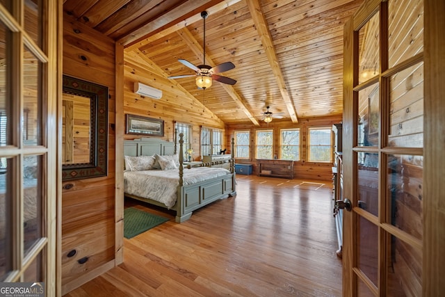 unfurnished bedroom with light wood-style floors, lofted ceiling with beams, wood ceiling, wood walls, and a wall mounted AC