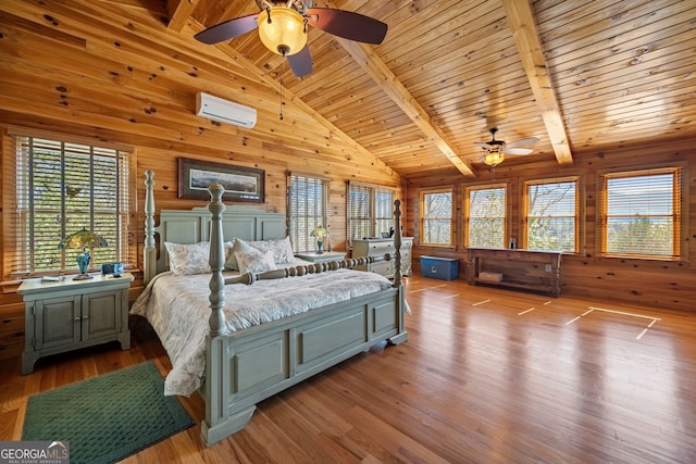 bedroom with beam ceiling, wooden ceiling, wood walls, and light wood-style flooring