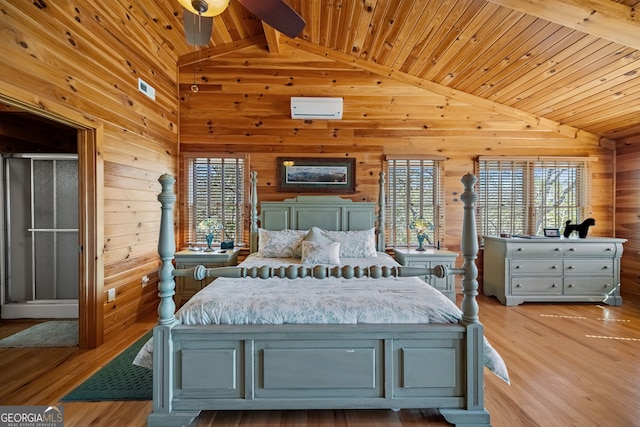 bedroom with wooden walls, a wall unit AC, light wood-style flooring, wood ceiling, and beam ceiling