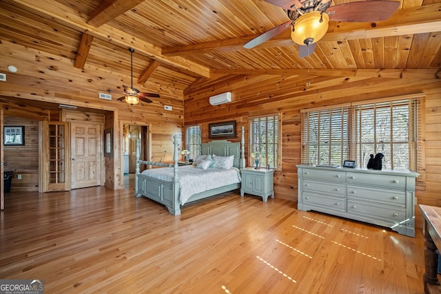 unfurnished bedroom featuring light wood-type flooring, wooden ceiling, wood walls, and lofted ceiling with beams