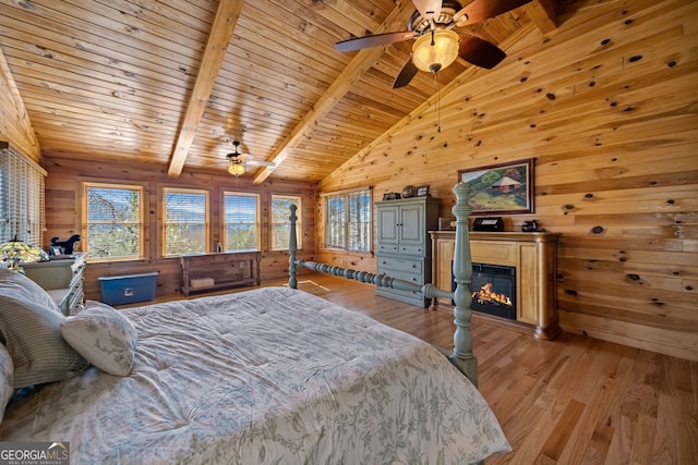 bedroom featuring lofted ceiling with beams, light wood-type flooring, wood ceiling, and wooden walls