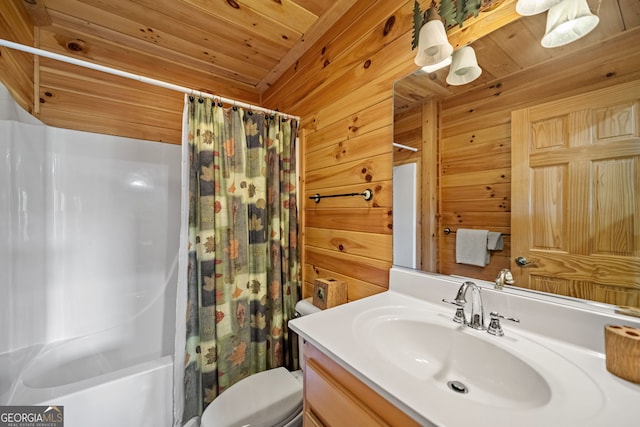 full bathroom featuring shower / tub combo, wooden ceiling, wood walls, and vanity