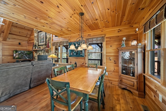 dining area with light wood finished floors, wooden walls, visible vents, wooden ceiling, and a fireplace