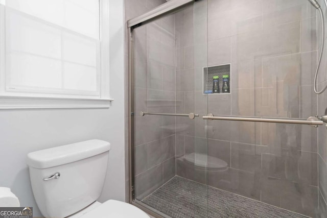 bathroom featuring a stall shower and toilet