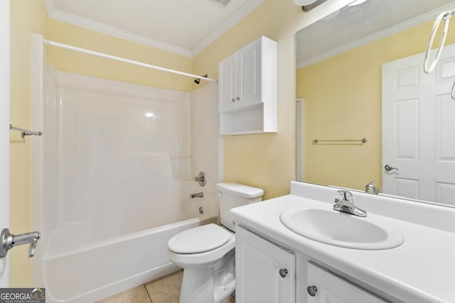 full bathroom with shower / bathtub combination, toilet, ornamental molding, vanity, and tile patterned flooring