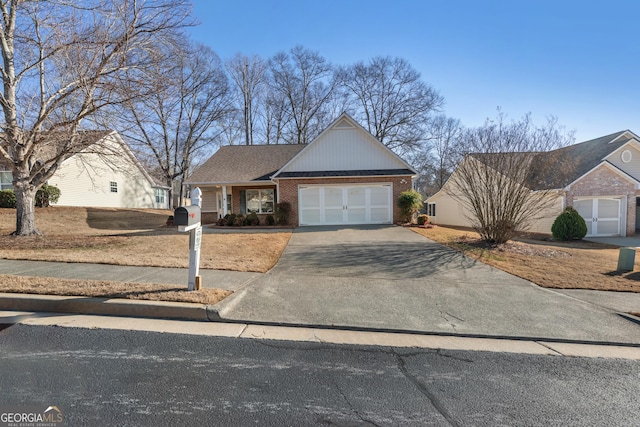 view of front facade featuring concrete driveway, brick siding, and an attached garage