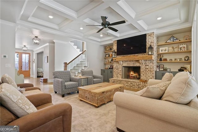6326 Point Twenty Two, Gainesville, GA 30506 - living room with crown molding, a fireplace, coffered ceiling, and beam ceiling