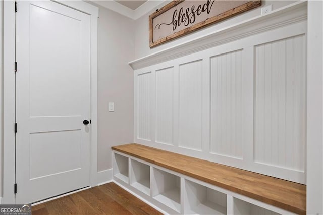 mudroom featuring dark wood-type flooring