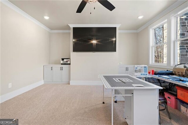 carpeted office featuring recessed lighting, crown molding, and baseboards