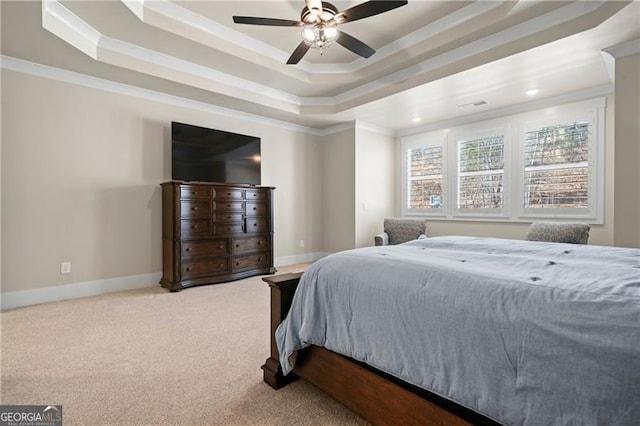6326 Point Twenty Two, Gainesville, GA 30506 - carpeted bedroom with a tray ceiling, baseboards, ceiling fan, and crown molding