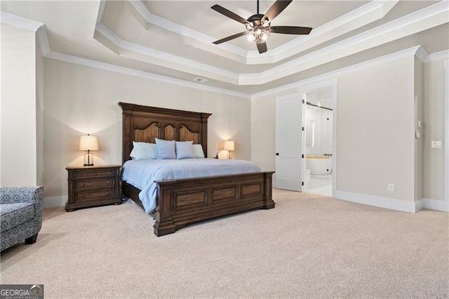 6326 Point Twenty Two, Gainesville, GA 30506 - carpeted bedroom with baseboards, ceiling fan, crown molding, a raised ceiling, and connected bathroom