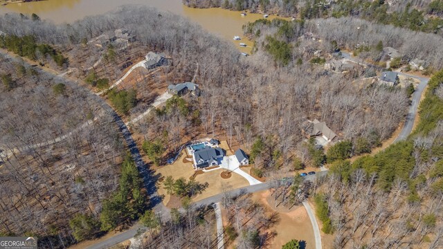 bird's eye view with a water view and a view of trees