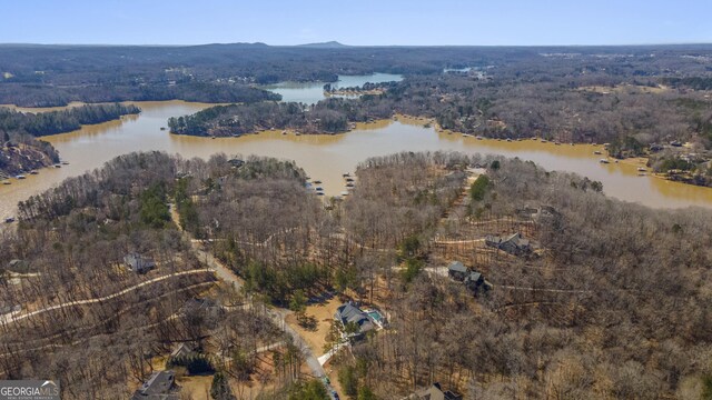 drone / aerial view with a water view and a wooded view