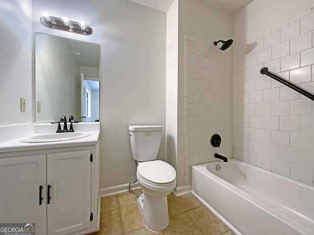 full bathroom with baseboards, toilet,  shower combination, tile patterned flooring, and vanity