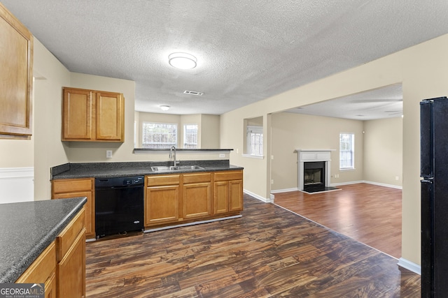 kitchen featuring black appliances, visible vents, dark wood finished floors, and a sink