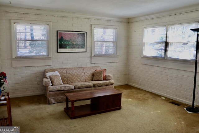 living area featuring ornamental molding, carpet flooring, and brick wall