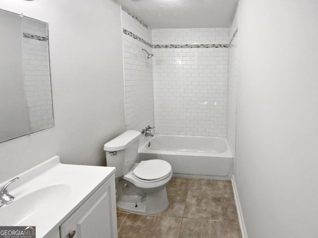 full bath with shower / washtub combination, vanity, toilet, and baseboards