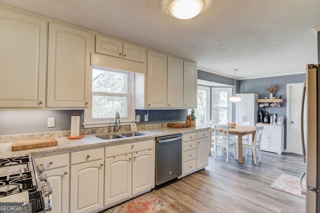 kitchen featuring appliances with stainless steel finishes, a healthy amount of sunlight, a sink, and light wood-style floors