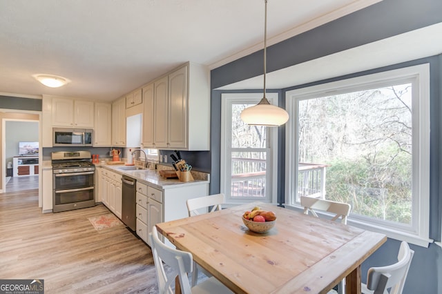 kitchen featuring light wood-style flooring, stainless steel appliances, light countertops, pendant lighting, and a sink