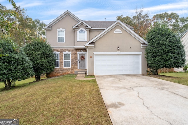 traditional home featuring an attached garage, stone siding, concrete driveway, stucco siding, and a front lawn