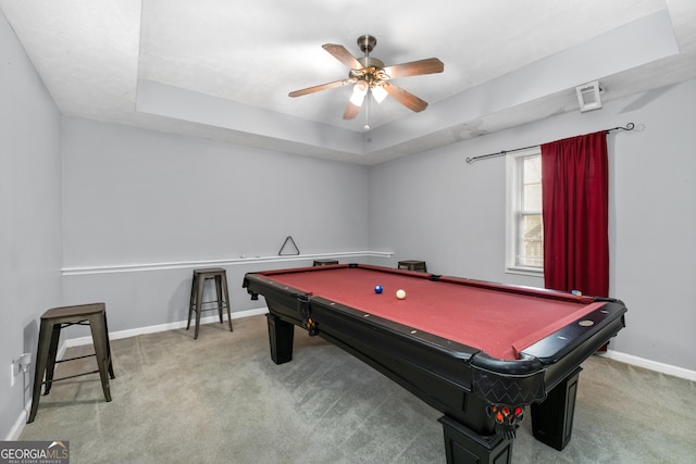 playroom featuring baseboards, a raised ceiling, a ceiling fan, pool table, and carpet