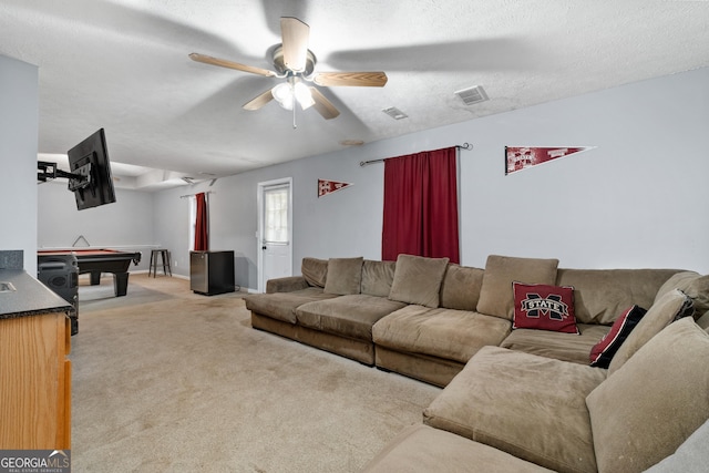 living area with light colored carpet, visible vents, ceiling fan, a textured ceiling, and billiards