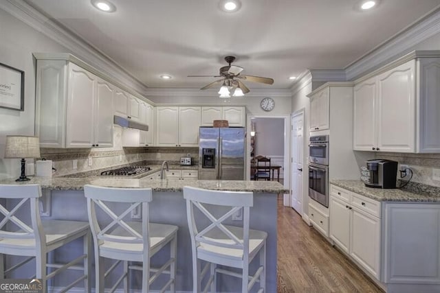 kitchen with appliances with stainless steel finishes, ornamental molding, dark wood-style flooring, a peninsula, and under cabinet range hood