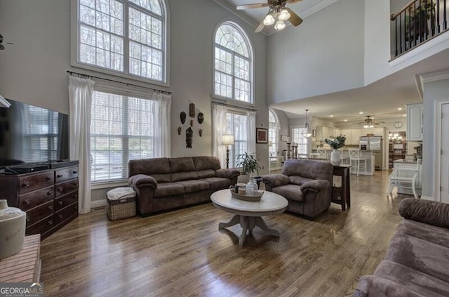 living area with a healthy amount of sunlight, a ceiling fan, ornamental molding, and wood finished floors
