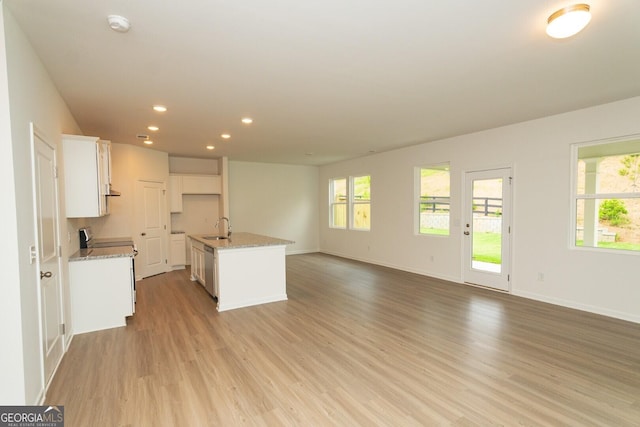 34 Russet Way Lot 57, Newnan, GA 30263 - kitchen with open floor plan, recessed lighting, light wood-type flooring, a sink, and white cabinetry