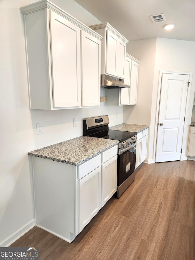 34 Russet Way Lot 57, Newnan, GA 30263 - kitchen with stainless steel electric stove, under cabinet range hood, light wood-type flooring, baseboards, and white cabinetry