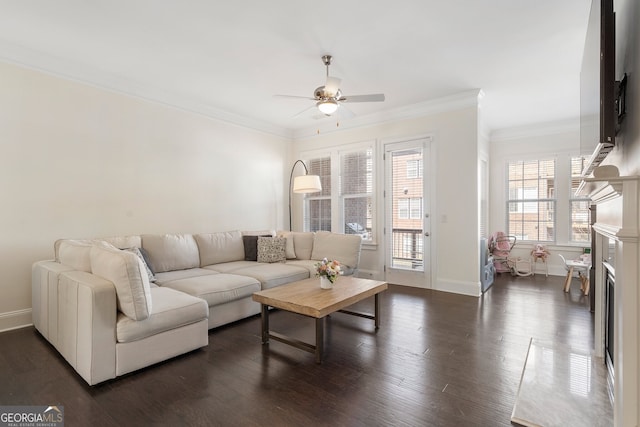 living room featuring ceiling fan, ornamental molding, dark wood finished floors, and baseboards