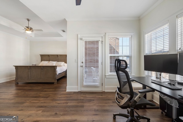 office area with ceiling fan, baseboards, dark wood finished floors, and crown molding