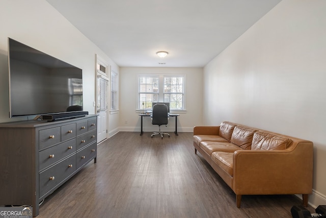 office featuring dark wood-style floors and baseboards